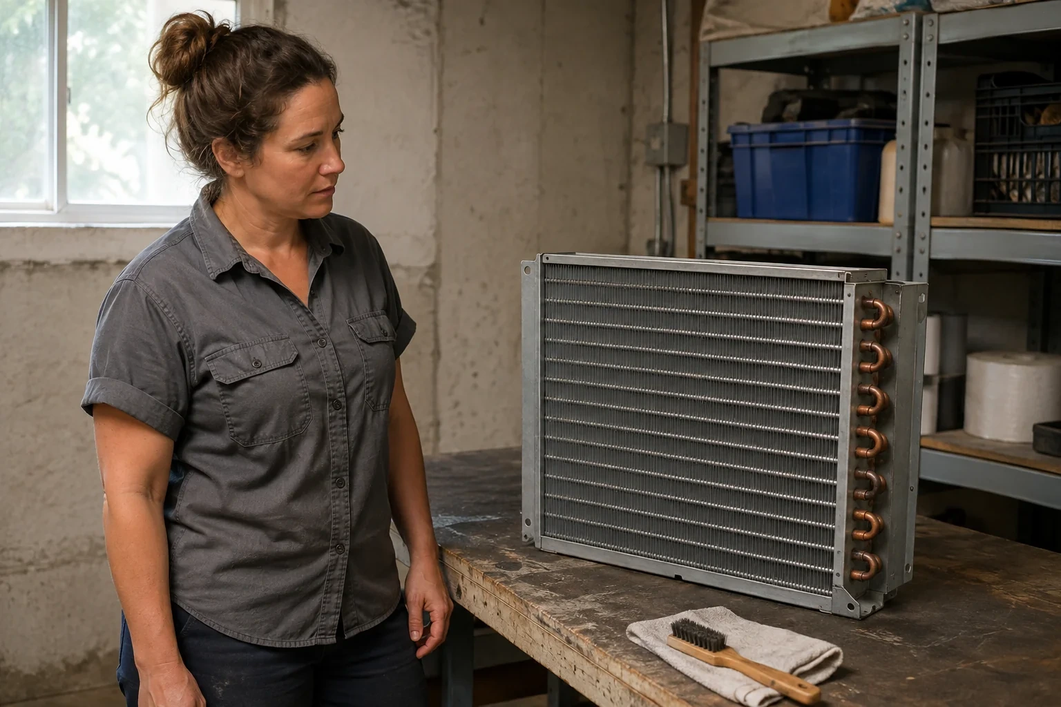 Technician viewing a detached fin-and-tube coil with copper bends on a utility workbench.