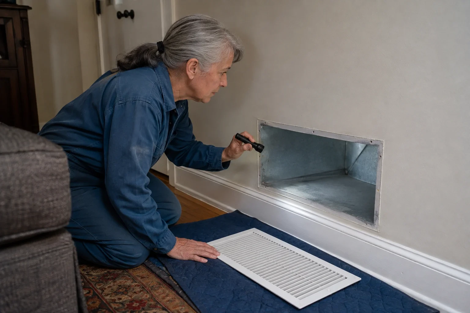 Technician using a flashlight to inspect an accessible wall-return surface beside a detached grille.