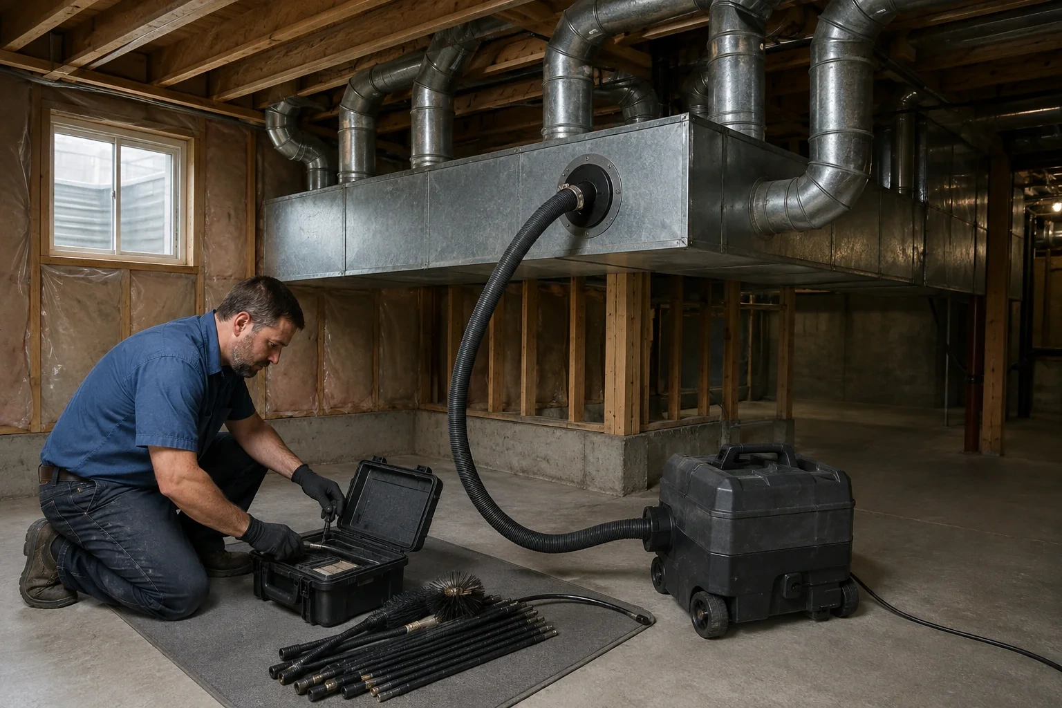 Technician preparing brushes beside branch ductwork and a portable collection unit connected by a hose.
