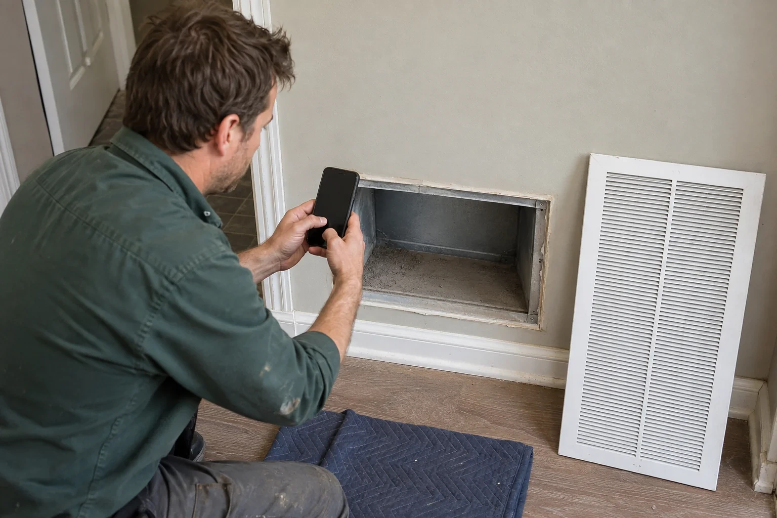 Technician holding a phone beside an open wall return with visible settled debris and a detached grille.